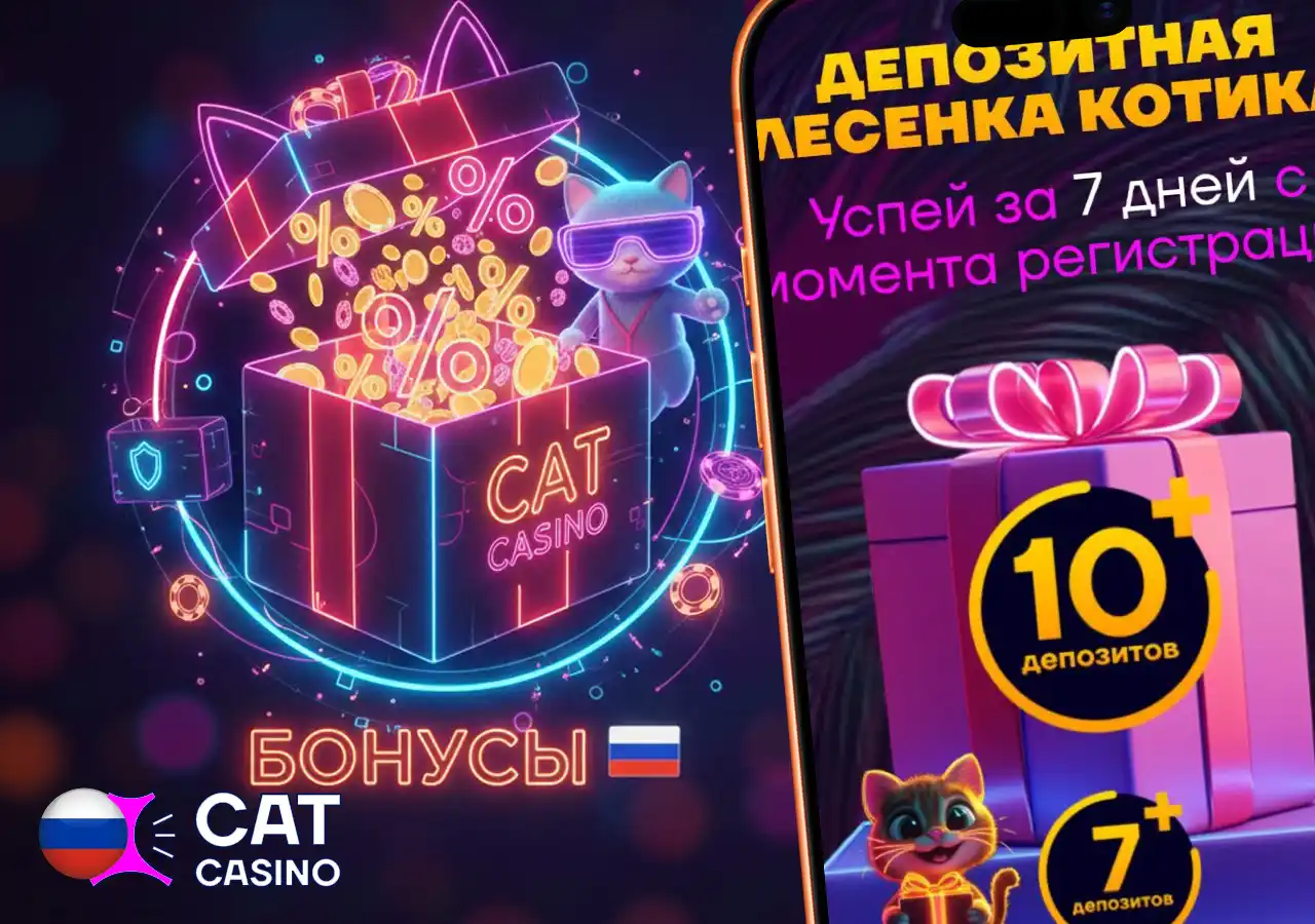 Приветственные бонусы и фриспины в Cat Casino при первом пополнении счета.
